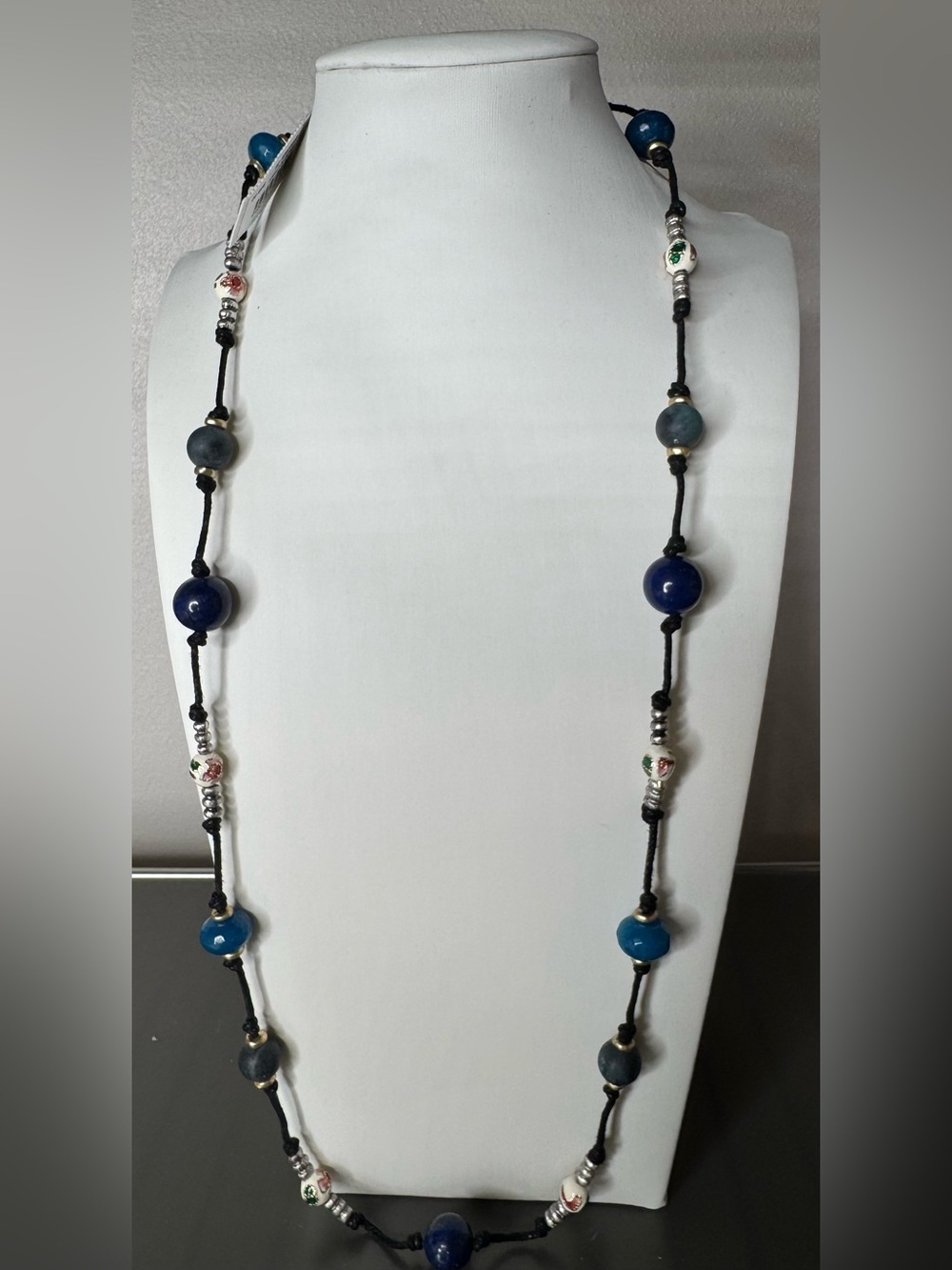 J. Jill enamel glass bead long Accent Necklace with Blue Beads boho tie